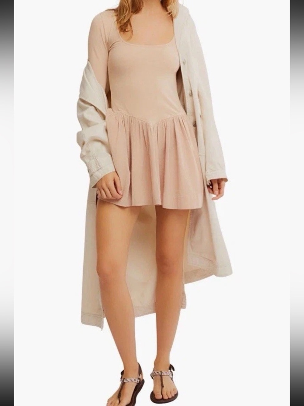 Free People Tan Solid Square Neck Long Sleeve Stretch Knit Mini Dress Small NWT